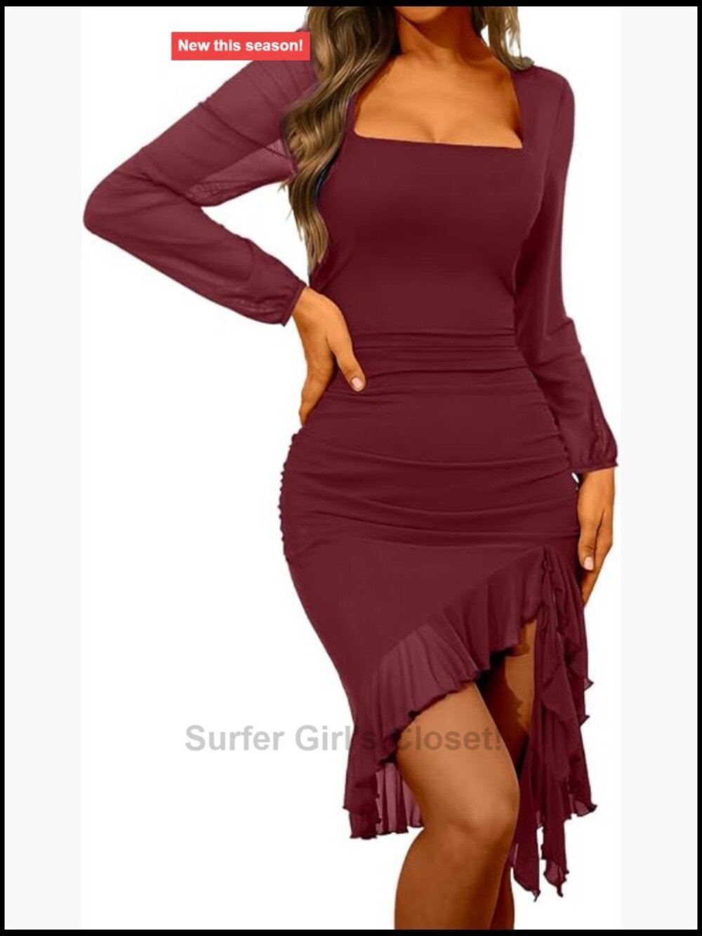 Sexy Square Neck Midi Bodycon Dress, Ruched Mesh Long Sleeve Cocktail Party